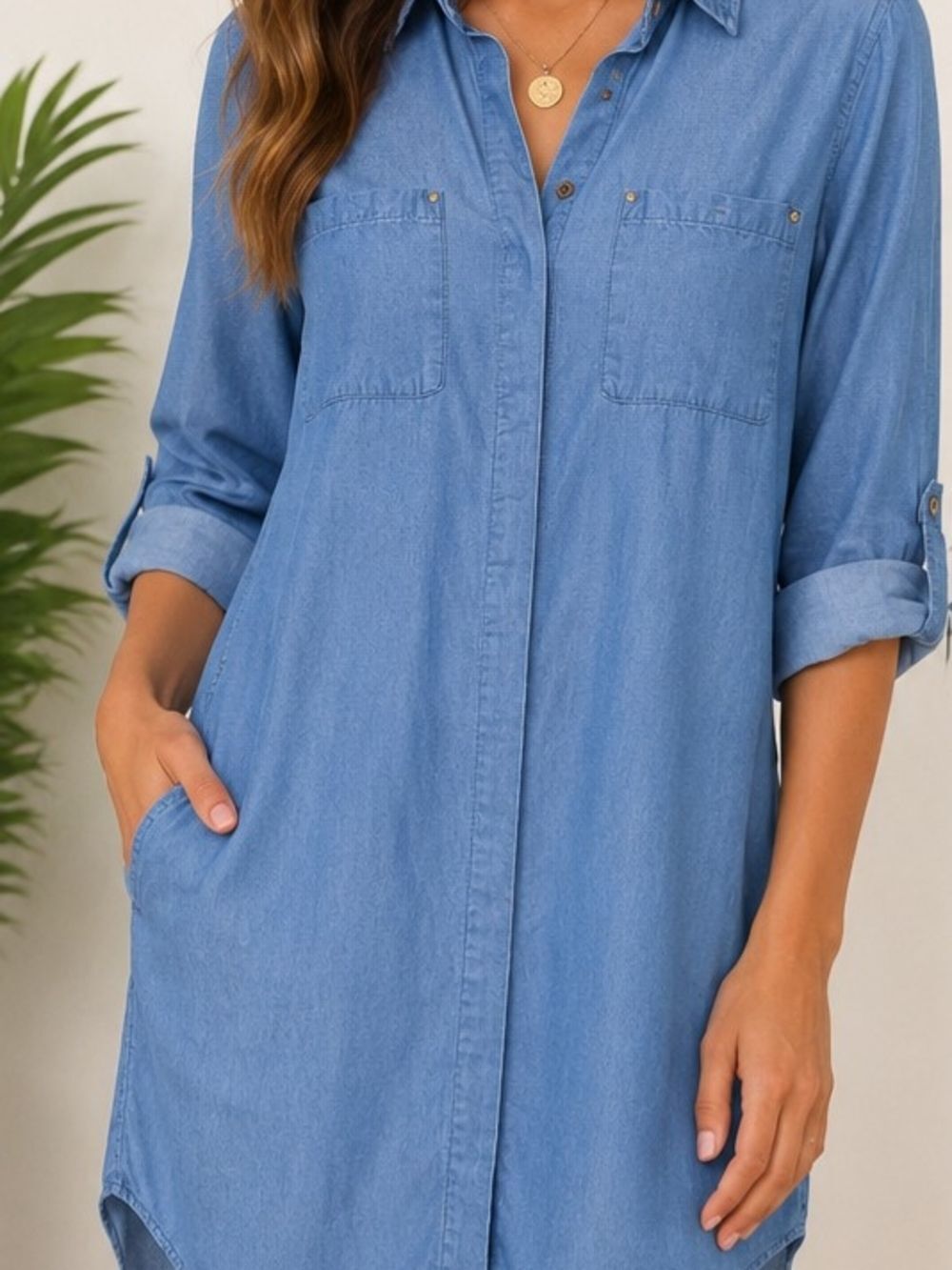 Lulus Chambray Button Front Shirt Dress Tunic Small Blue Roll Tab Sleeve Casual